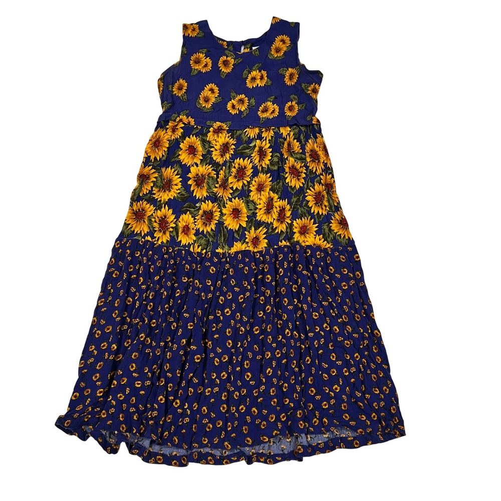 E.D. Michaels Vintage 90s Sunflower Print Rayon Maxi Dress Navy Blue Size 10‎